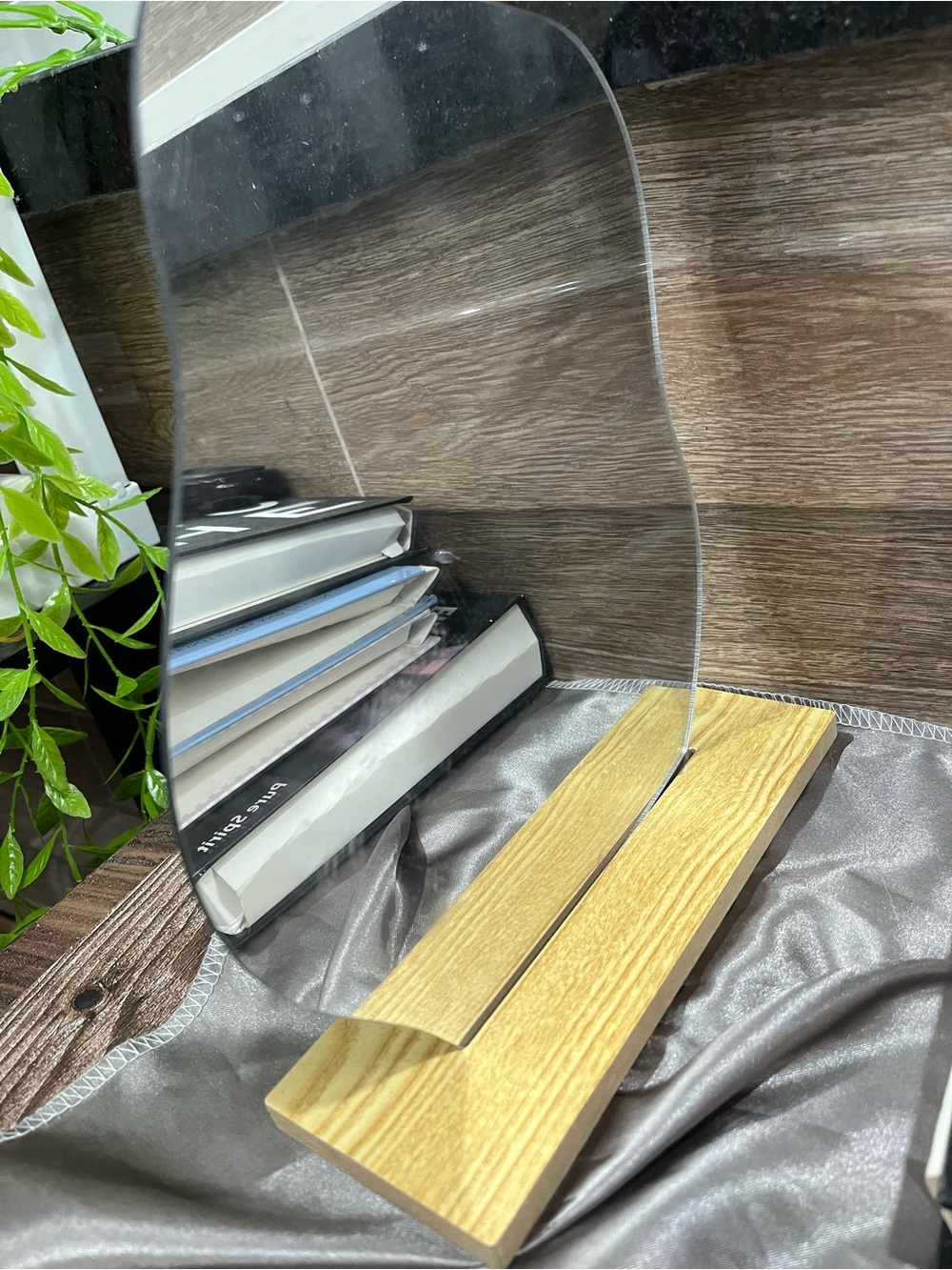 Minimalist Clear Acrylic Mirror with Wood Base - Home Accents